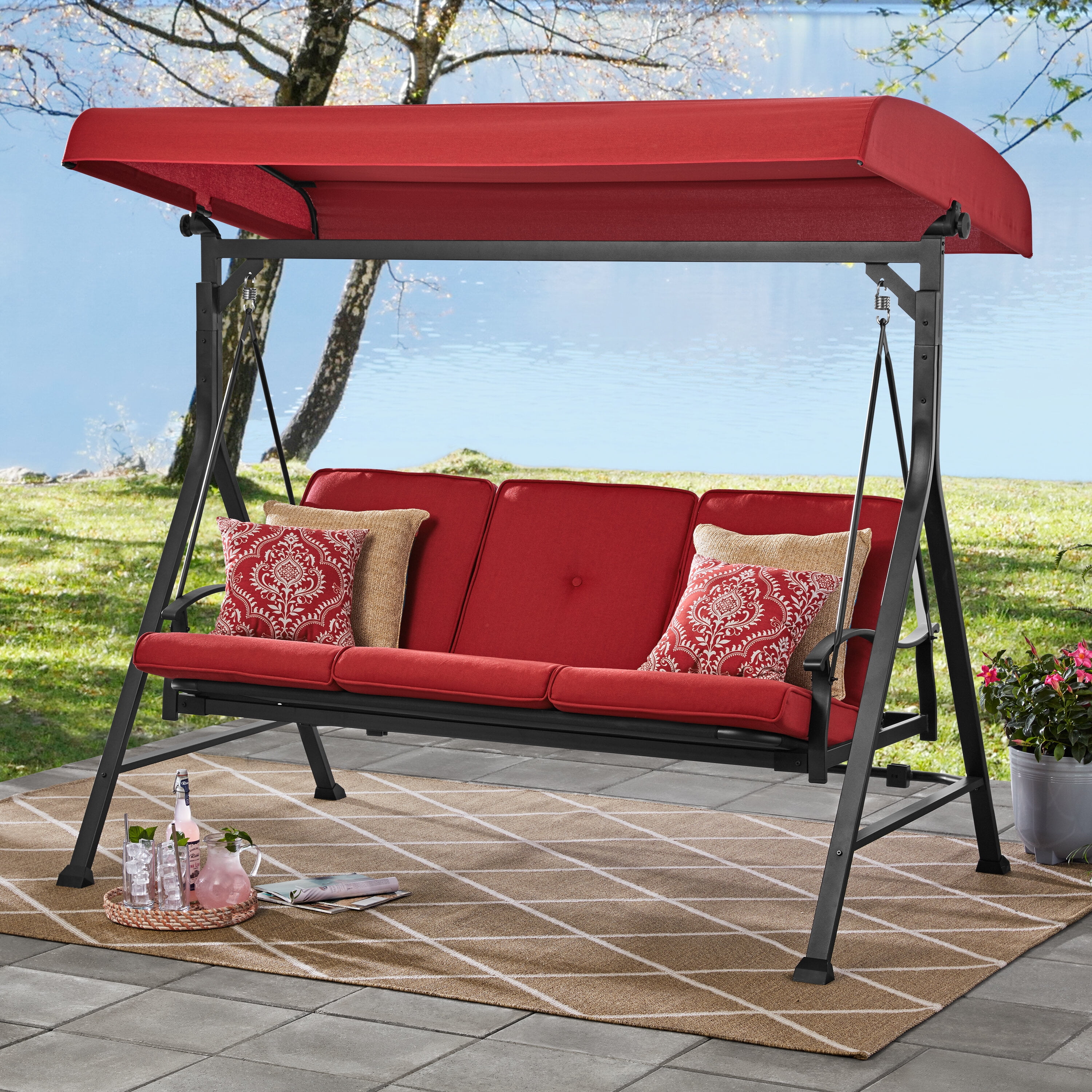 Mainstays Belden Park 3 Person Seat Outdoor Furniture Patio Swing and Daybed with Canopy, Red