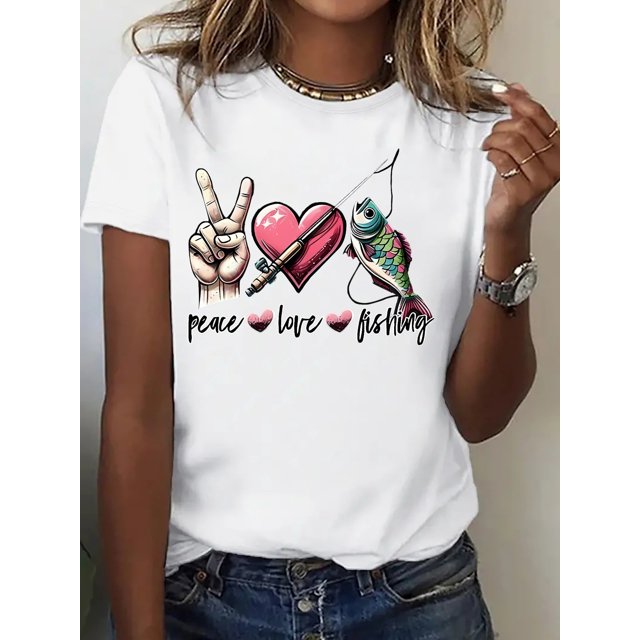 Women's Casual Graphic T-Shirt - Peace Love Fishing Design with Vibrant Fish & Heart Print, Relaxed Fit Round Neck, Medium Stretch Machine-Washable Fabric for Outdoor Enthusiasts & Casual Att