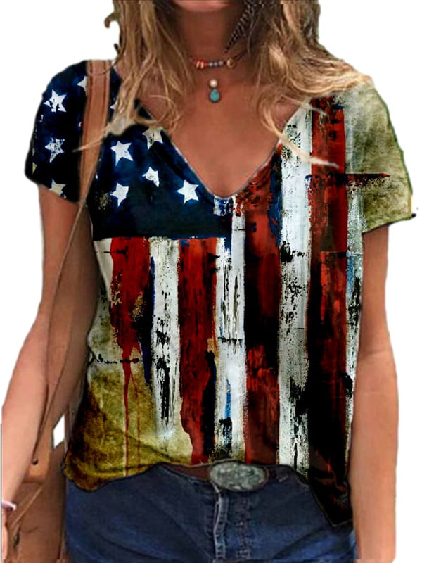 Enwejyy Women Daily American Flag Print Color Contrast V-Neck Casual T ...