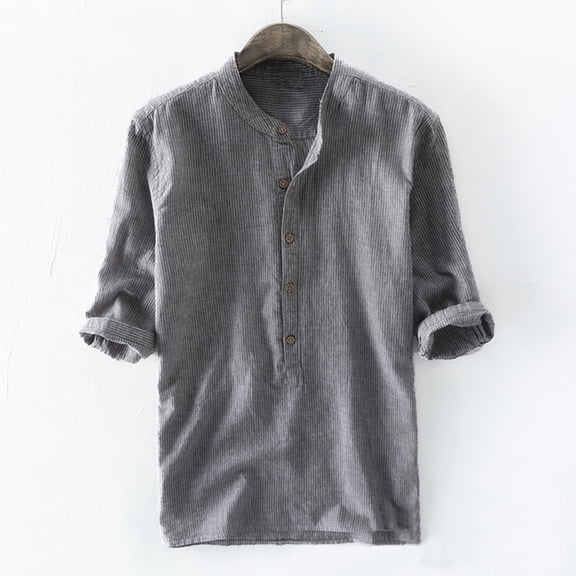 KIHOUT Men's Vintage Solid Linen Shirt Casual Home Button Tops Mid Sleeve Blouse Clearance