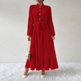 thumbnail image 2 of BangWanChi Winter Dress for Women Women's Long Sleeved Solid Color Textured Button Up Dress With Lantern Sleeves And Waist Cinching Long Dress Red L, 2 of 5