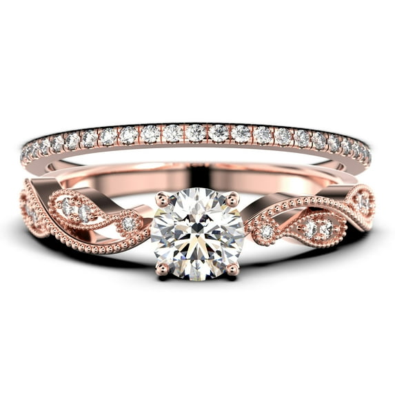 Dazzling 1.75 Carat Round Cut Diamond Moissanite Classic Inspired Engagement Ring, Unique Twist Band Wedding Ring in 925 Sterling Silver With 18k Rose Gold Plating, One Matching Band