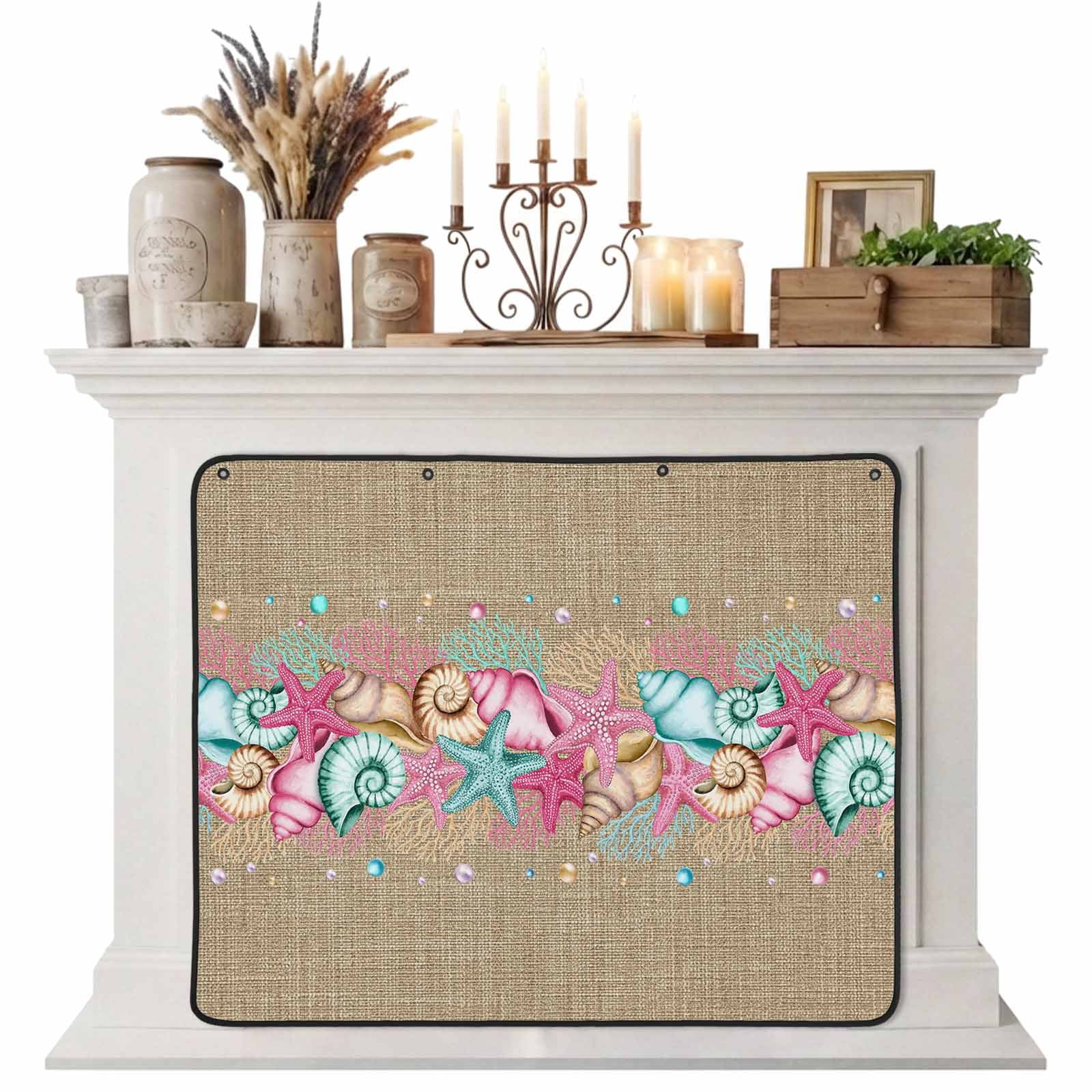 Magnetic Fireplace Cover Ocean Coral Starfish Conch Fireplace Screen Marine Life Linen Insulation Fireplace Blocker Blanket Save Energy Fireplace Draft Stopper Covers for Living Room 36x30