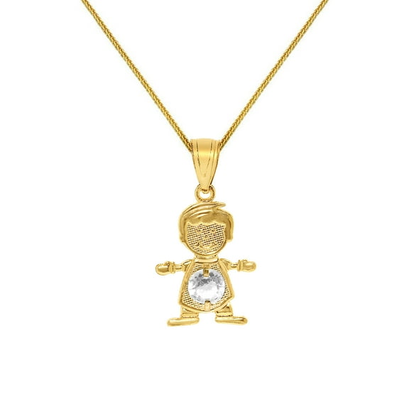 Precious Stars 14K Yellow Gold Round-cut Cubic Zirconia April Birthstone Boy/Son Pendant with 16" Chain Necklace