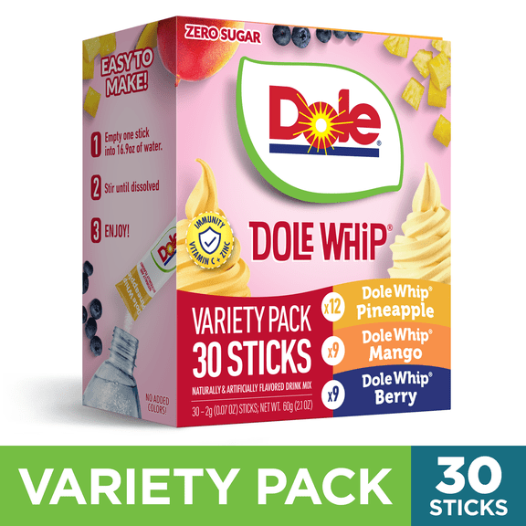 Dole Whip Powder Drink Mix Variety Pack, Pineapple, Mango, & Berry, Zero Sugar, 30 Sticks