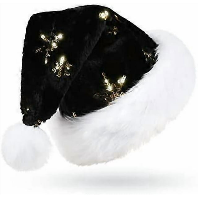 Christmas Hat for Adults, Deluxe Velours Santa Hat with Soft Liner, Plush Brim Santa Claus Santa Hat with Golden Sequins Snowflake for Men Women