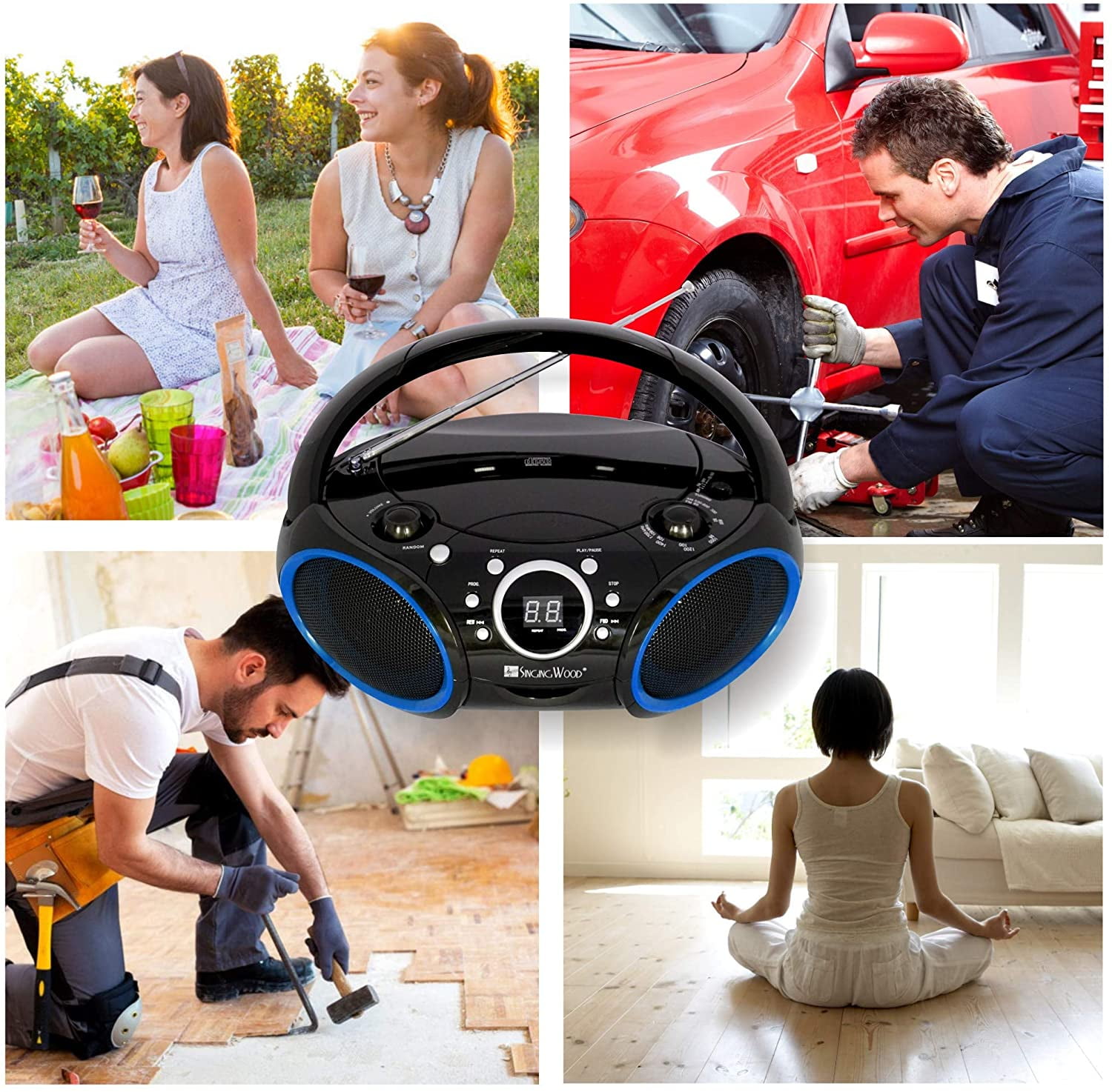 SINGING WOOD Portable CD Player AM FM Radio with Aux Line in Foldable Carrying Handle Black with a Touch of Blue Rims Headphone Jack 