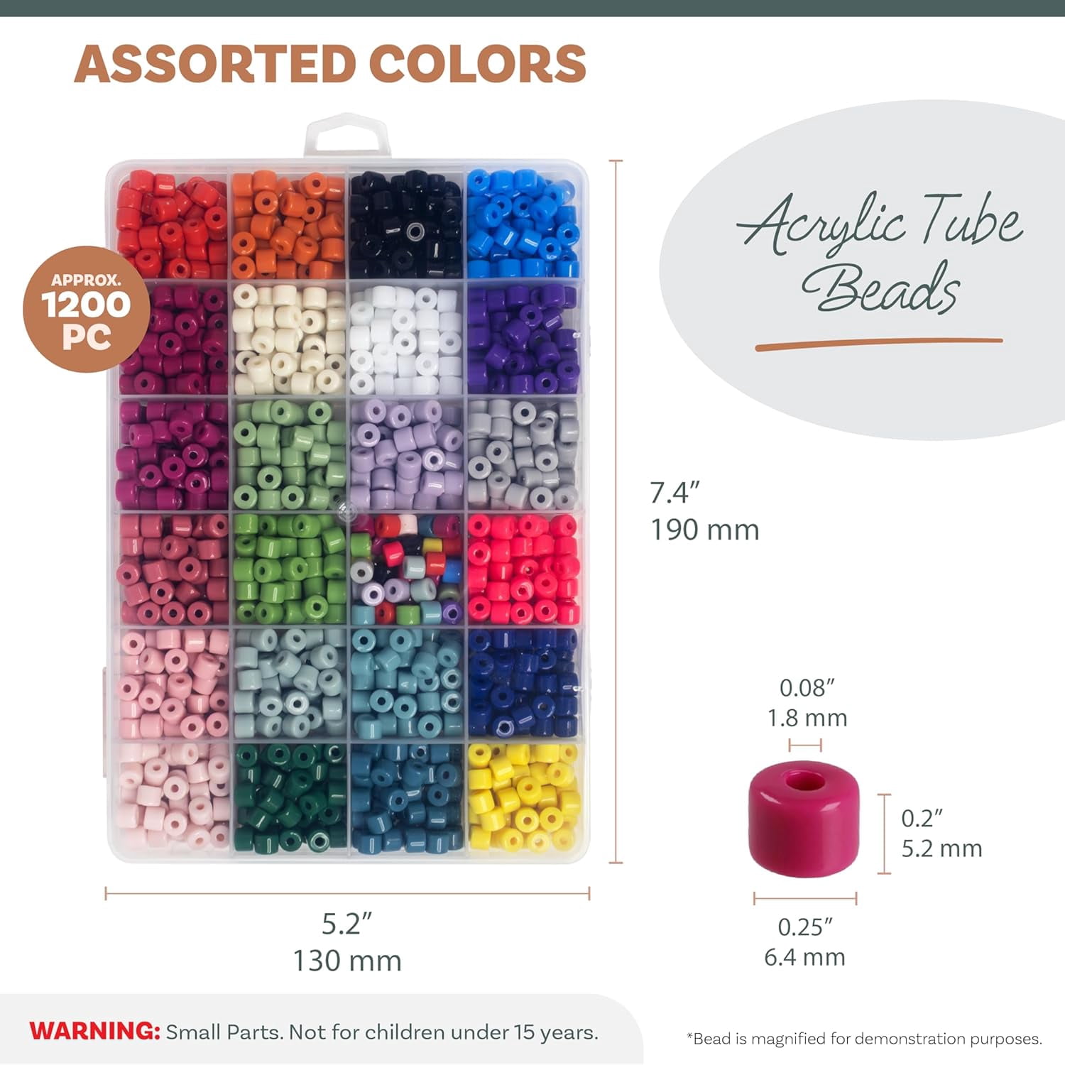 The Beadsmith Acrylic Beads Assortment – Tube Beads Assorted Colors, Approx. 1200pc, 24 Compartments, 23 Colors + Mixed, 0.25" x 0.2" Cylinder Beads