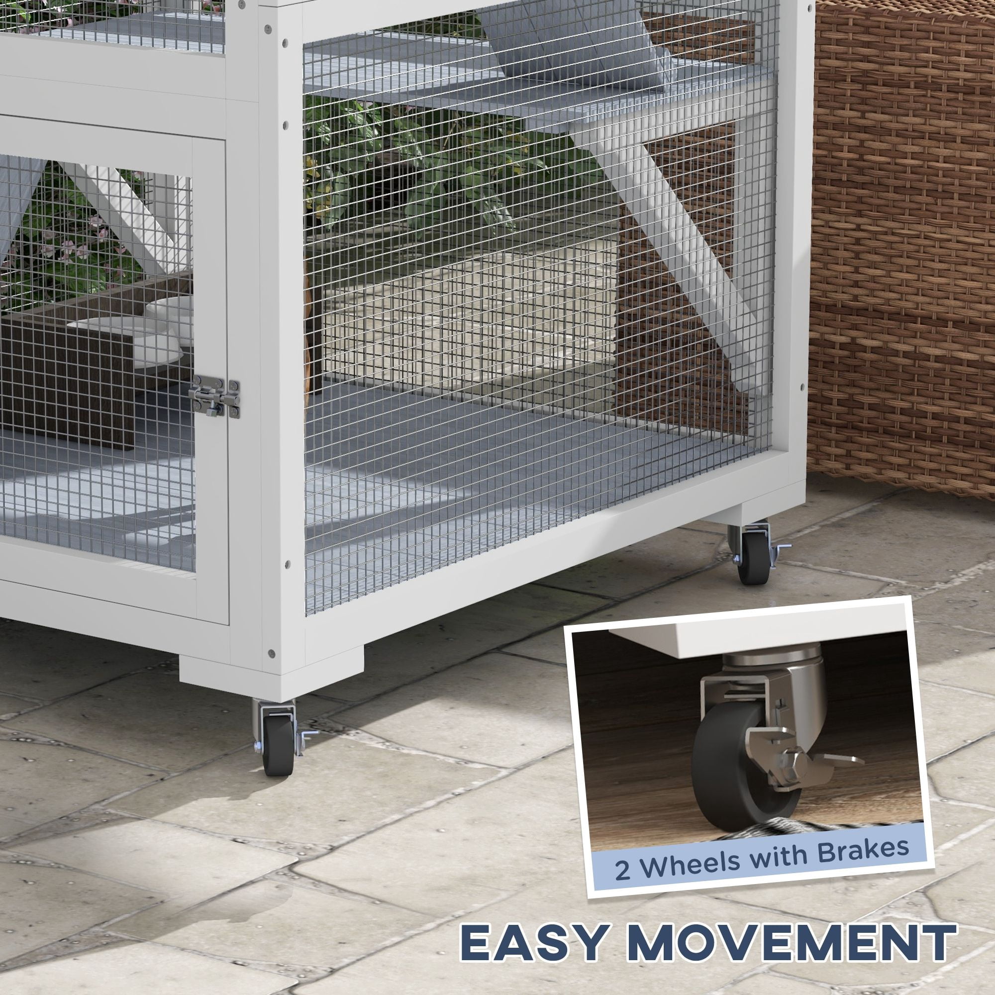 PawHut Outdoor Catio Enclosure, Multi-Level Fir Wood Cat Cage with Hammock, Ramps, and Nap Box, Mobile Wheels, Weather-Resistant Asphalt Roof, 33.75"L x 31.5"W x 66"H, Light Gray