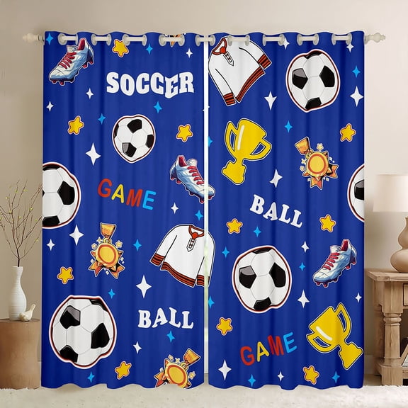 Erosebridal Blue Soccer Pattern Black Out Curtains, Cute Sport Curtains Pack of 2 (42x63 Each) for Boys and Girls