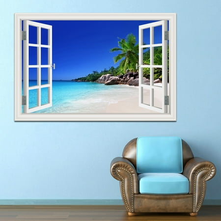 3D Beach Landscape Fake Window Poster Sticker Self-adhesive Seaside Coconut Tree Wallpaper Peel and Stick for Kitchen Living Rom Decor