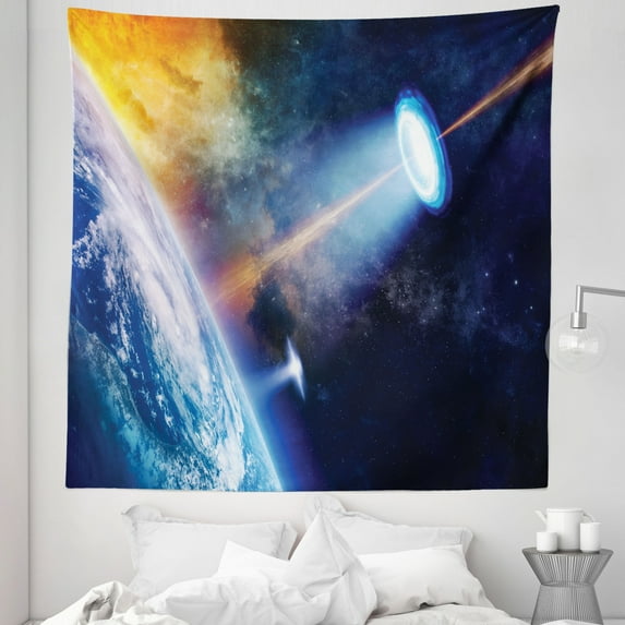 Outer Space Tapestry, Vibrant UFO on Earth Secret Experiment Climate Change Terrestrial Fiction, Fabric Wall Hanging Decor for Bedroom Living Room Dorm, 5 Sizes, Blue Orange, by Ambesonne