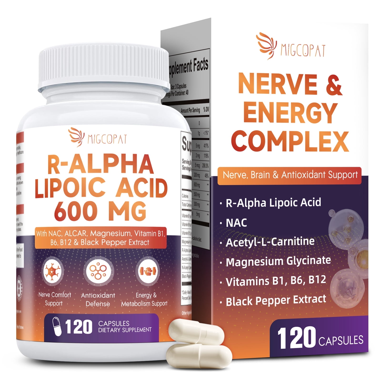 Migcopat R-Alpha Lipoic Acid 600mg, Antioxidant for Energy & Nervous System Support, Non-GMO, Gluten Free, Vegan, 120 Capsules