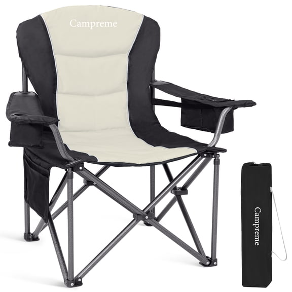 Campreme Oversized Camping Chairs, Heavy Duty Padded Folding chairs with Lumbar Support, , Cooler Bag, Cup Holder for Camp, Fishing, Sports Event, Backyard, Patio, Lawn