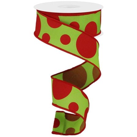 1.5" Giant Three Size Polka Dot Ribbon: Lime Green  Red (10 Yards)