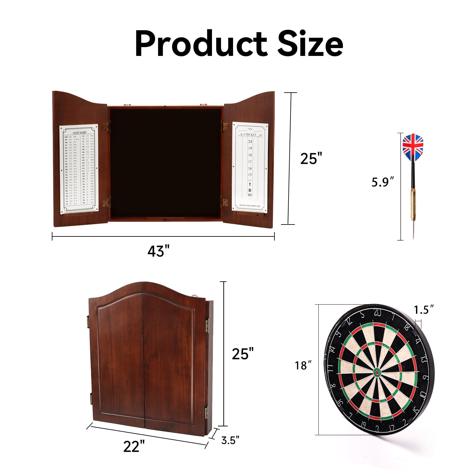 GSE Games & Sports Expert Deluxe Solid Wood Classic Dartboard Cabinet Set with Sisal Fiber Dartboard, Dart Scoreboard and 6 Steel Tip Darts for Target Game Indoor Game (Walnut)