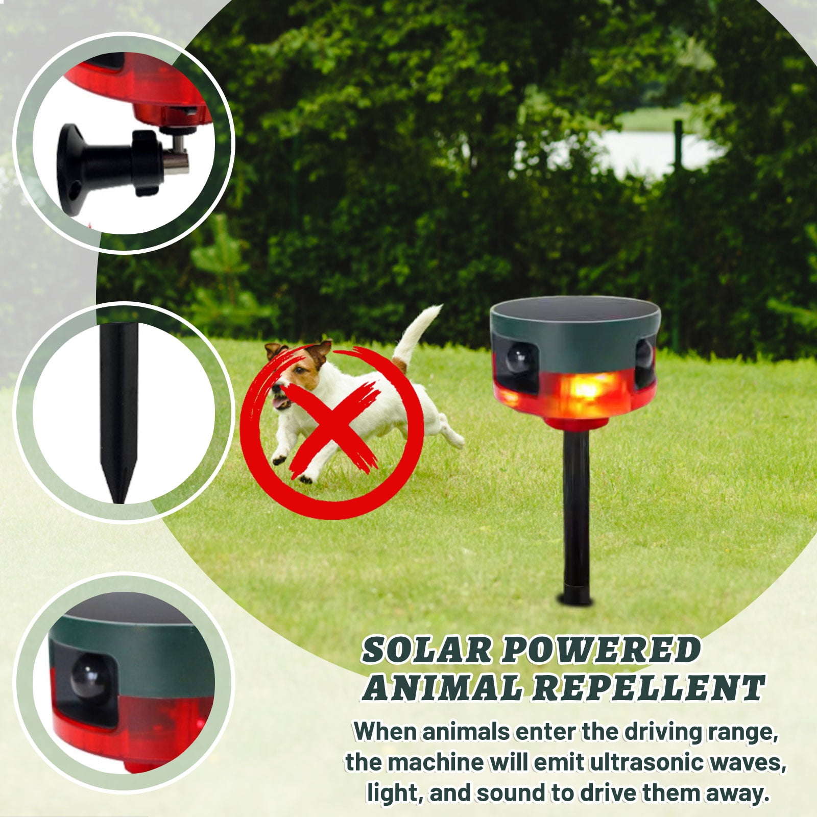 Ultrasonic Animal Repeller , Solar Powered Motion Sensor Pest Deterrent , Waterproof ABS and Green Synthetic Material , Garden Lawn Yard and Farm Wildlife Protection