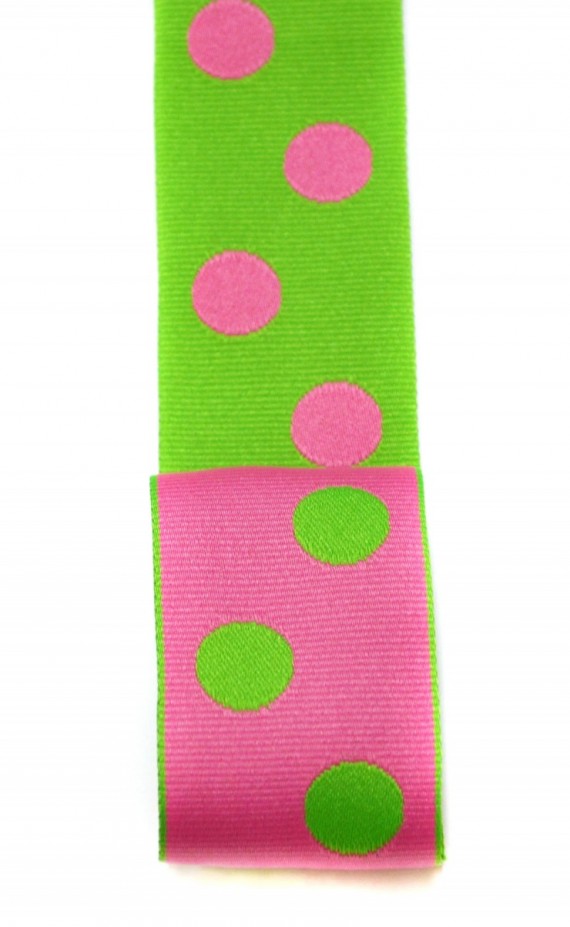 Ribbon Bazaar Reversible Grosgrain Polka Dots 1 inch Green Pink 20