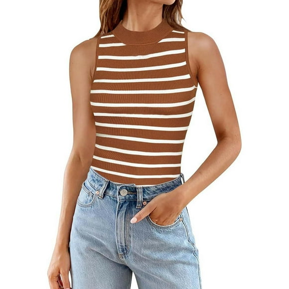 GDREDA Tank Dresses Women Summer Women's Sleeveless Ribbed High Neck Slim Fit Striped Tank Top Women's Tanks & Camis Brown,M
