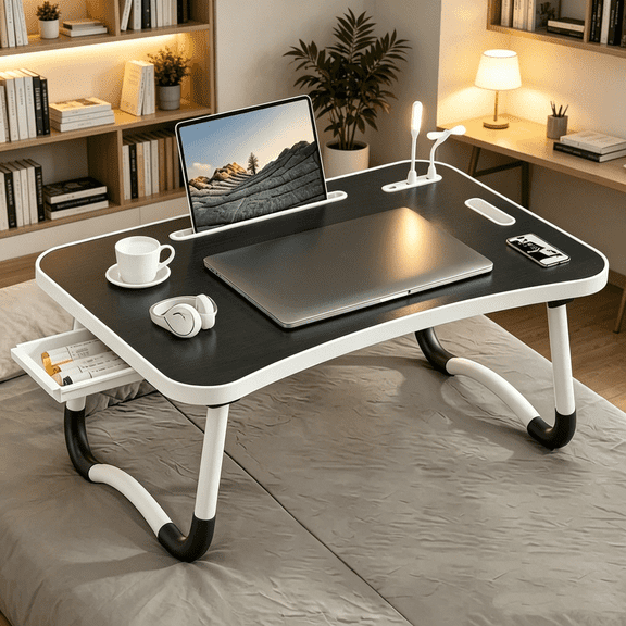 Foldable Laptop Table, Laptop Stand for Bed, Large Eating Tray with Cup Holder, Drawer, Usb, Fan and Lamp, Ideal for Eating, Reading and Writing on Bed or Sofa, Stable ,Black