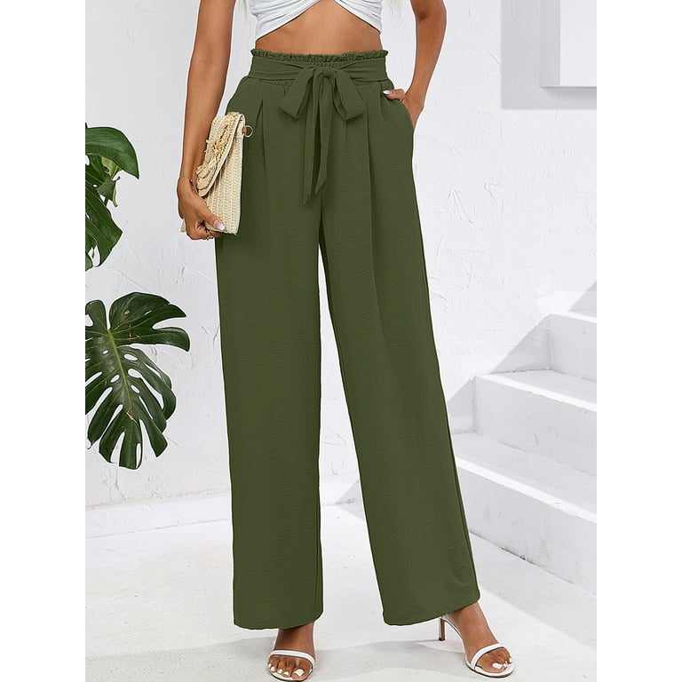 Chiclily Women Wide Leg Pants with Pockets High Waist Loose Belt Flowy  Casual Trousers, US Size Medium in Olive