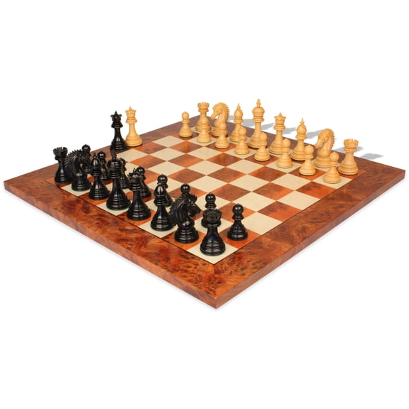 Cyrus Staunton Chess Set Ebony & Boxwood with Elm Burl & Erable Board - 4.4"King