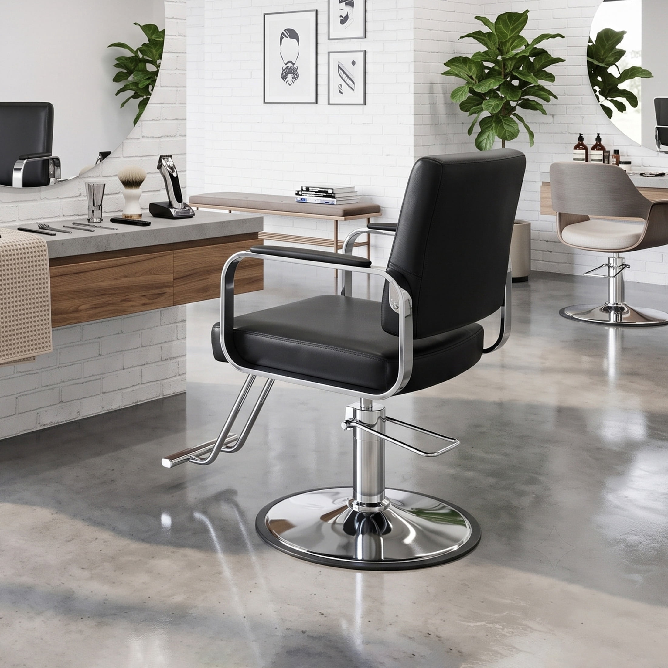 Noble House 360° Swivel Salon Styling Chair with Footrest, Adjustable Height, Black + Silver
