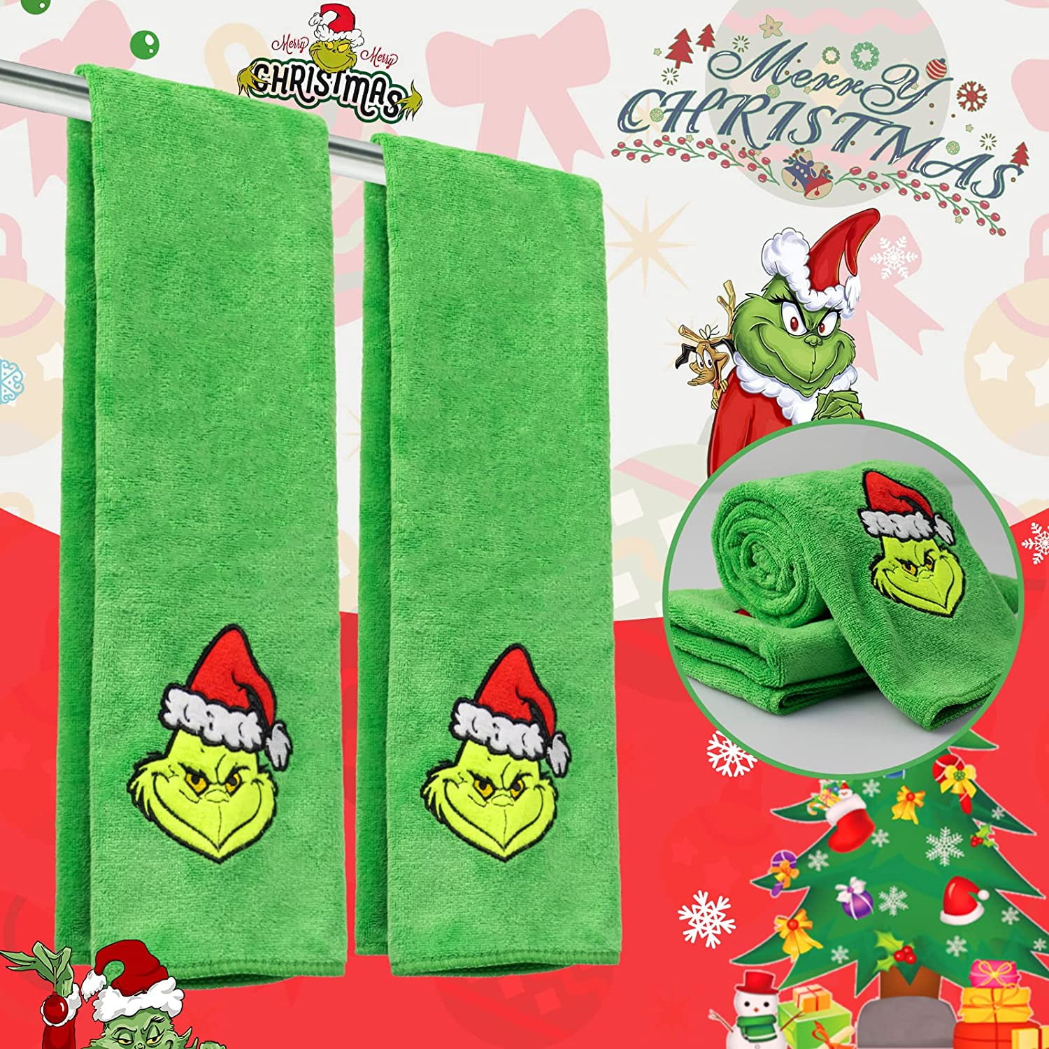 Imoment Christmas Grinch Hand Towels,2 Pack Grinch Kitchen Towels,Absorbent  Towels for Christmas Home Xmas Gifts for Women Men Kids 