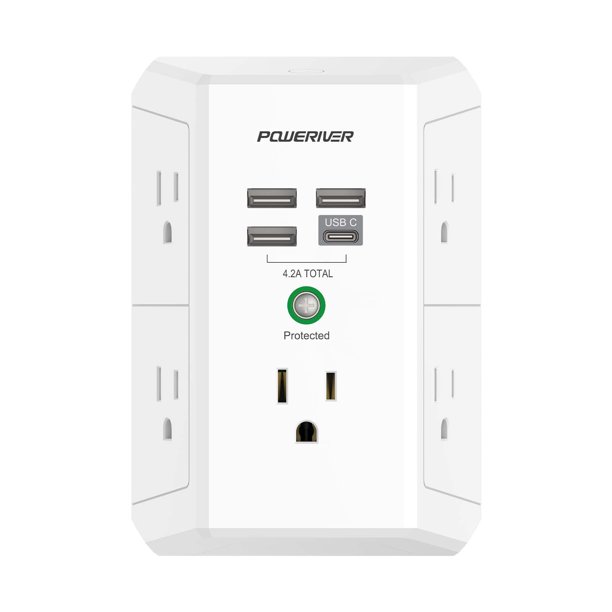Regleta de pared USB POWERIVER con 5 tomas de CA y 4 puertos USB, 1680 J