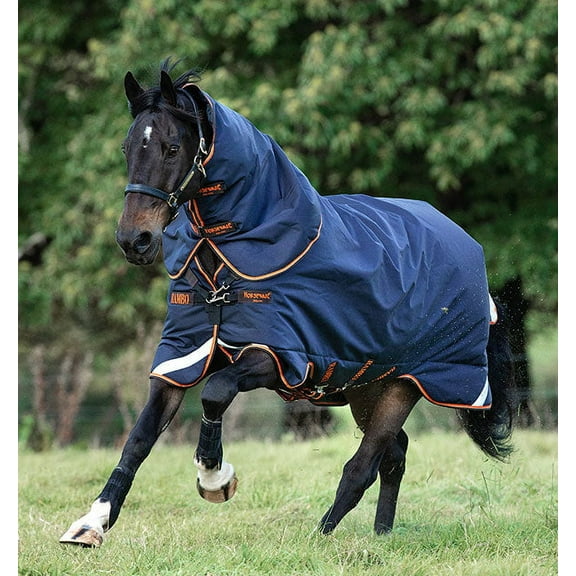 Rambo Supreme 1680D Turnout Blanket (50g Medium-Lite, 0g Hood), Navy (Orange/Tan/Brown Trim), Size: 66