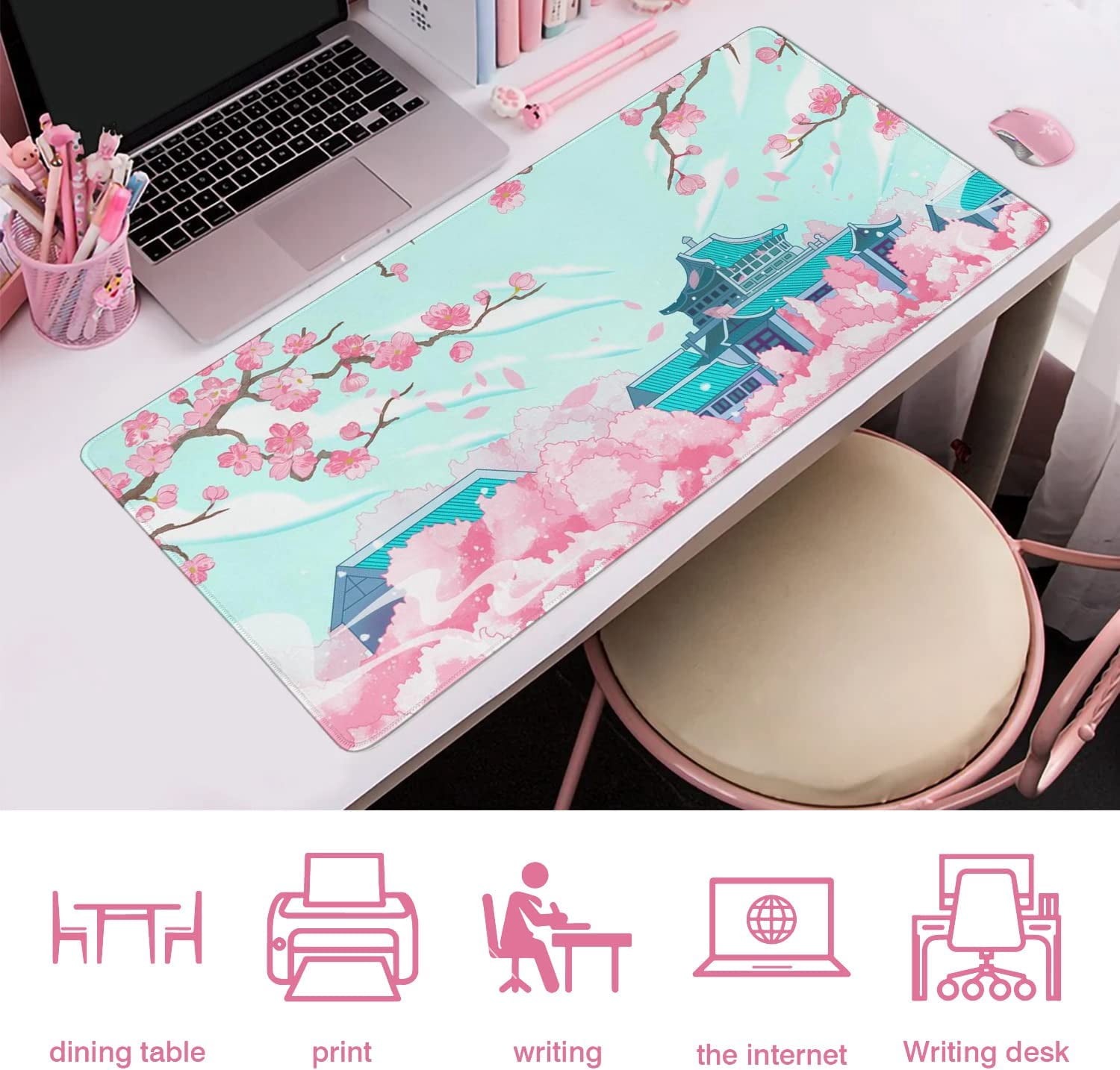 31.5x15.7in Japanese Cherry Blossom Mouse Pad Pink Mousepad No Slip Rubber Base Extended Desk Mat for Office Work Home Writing Gaming