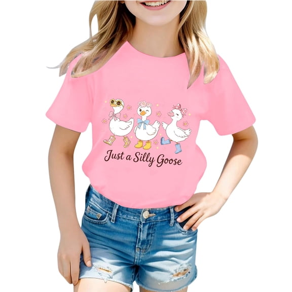 Hihipz Toddler Girls Graphic Tee Cartoon Goose Print Short Sleeve Summer Crewneck Soft Daily Casual T-Shirt