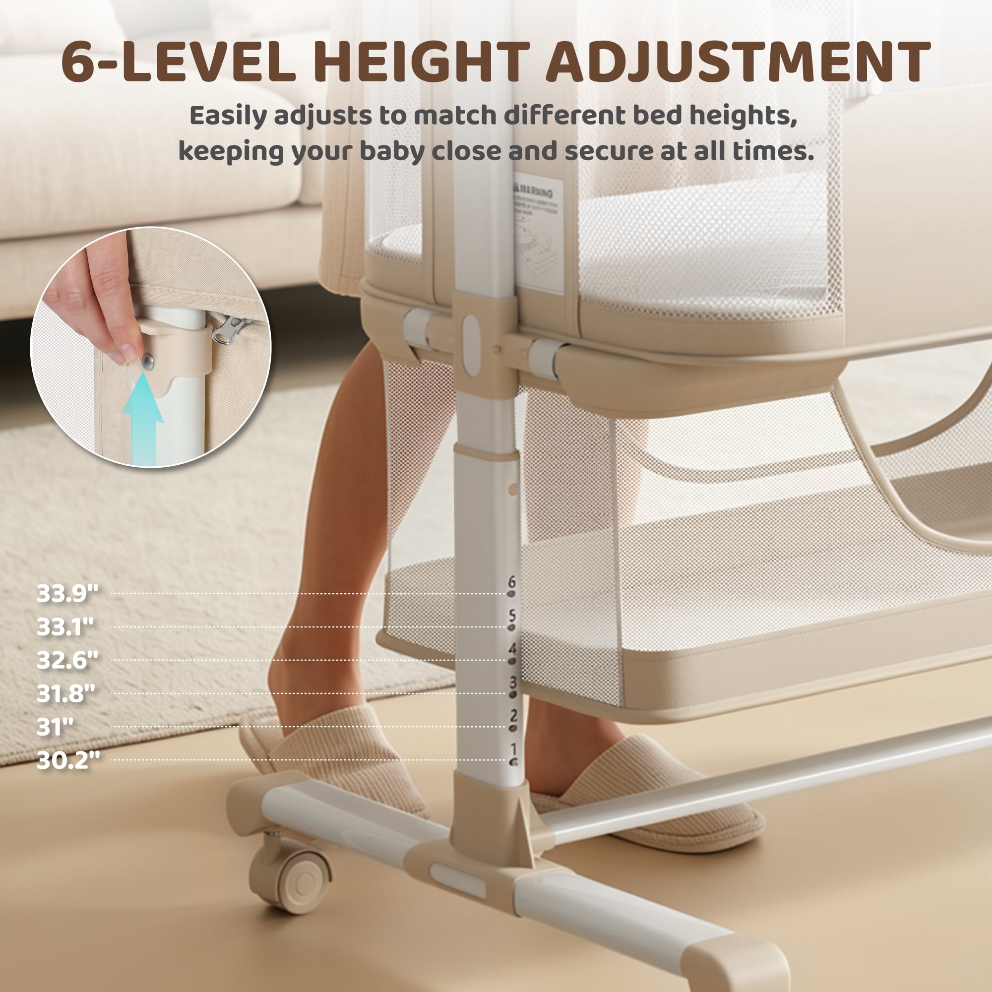 AILEEKISS Bedside Bassinet for Newborn, 6 Height Adjustable Baby Bassinet with Mosquito Net, Beige