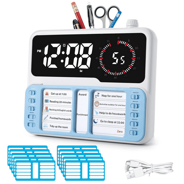 Visual Timer for Kids - Autism & ADHD Time Management Tool with Digital Alarm,Task Chart Planning Board,1 x Timer 10 x Tag Card 1 x USB Cable