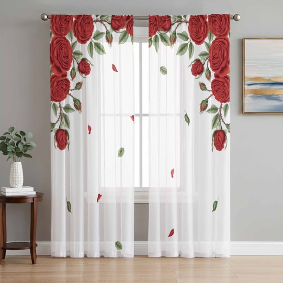 Red Roses Valentine's Day Sheer Curtains 72 Inch Length 2 Panels Set, Romantic Spring Floral Voile Window Treatment Rod Pocket Curtains Sheers Drapes for Bedroom/Living Room/Kitchen 52"x72"x2