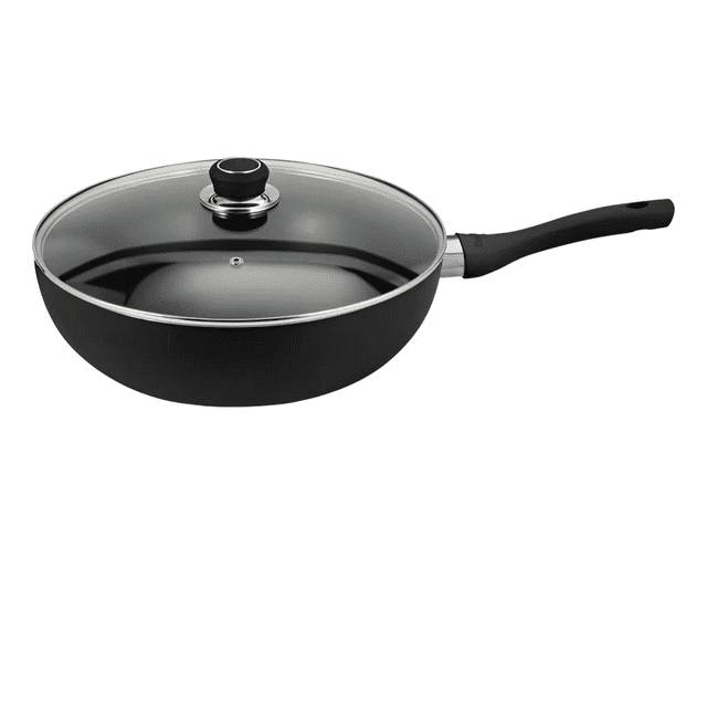 Sarten Wok Hudson 28cm Aluminio 2capas Antiadherente con mango y tapa de cristal