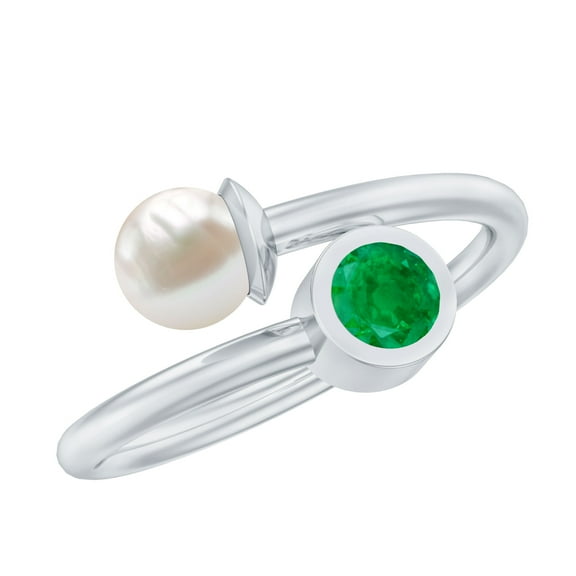 Rosec Jewels Freshwater Pearl Emerald Toi Et Moi Promise Ring - Ready to Gift with Jewelry Box, 925 Sterling Silver, US 4.00