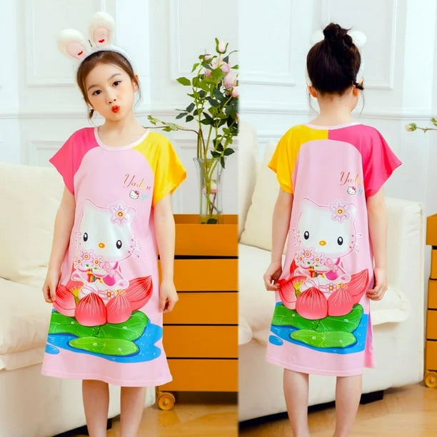 Sanrio Hello Kitty Dress Girls Nightgown Cartoon Anime Pajamas Summer Child ShortSleeves Sleepwear Dress Homewear Clothing Loveliness Girl