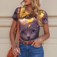 thumbnail image 4 of KLL Women 's Crew Neck Bodysuit Jumpsuits Sunshine Cute Cat Sunflower Print Short onesies Stretch T Shirts, 4 of 5