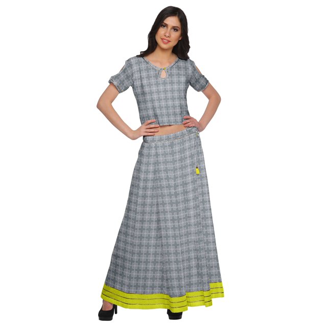 Moomaya Printed Ethnic Wear Long Skirt And Cold Shoulder Crop Top Set For Girls