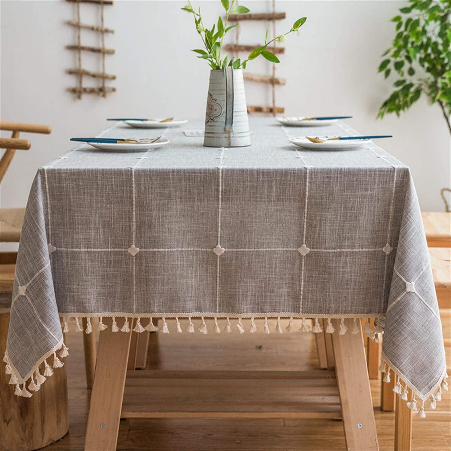 Plaid Tablecloth Cotton Linen Rectange Table Cloth Cover Tassel Dining Kitchen