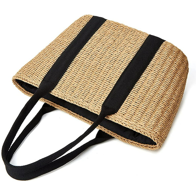 ZYYMMNN Summer Casual Straw Bags Women Lemon Embroidery Handbag Shoulder  Bags Vacation Beach Tote Bag Big Purses 27X17X40CM