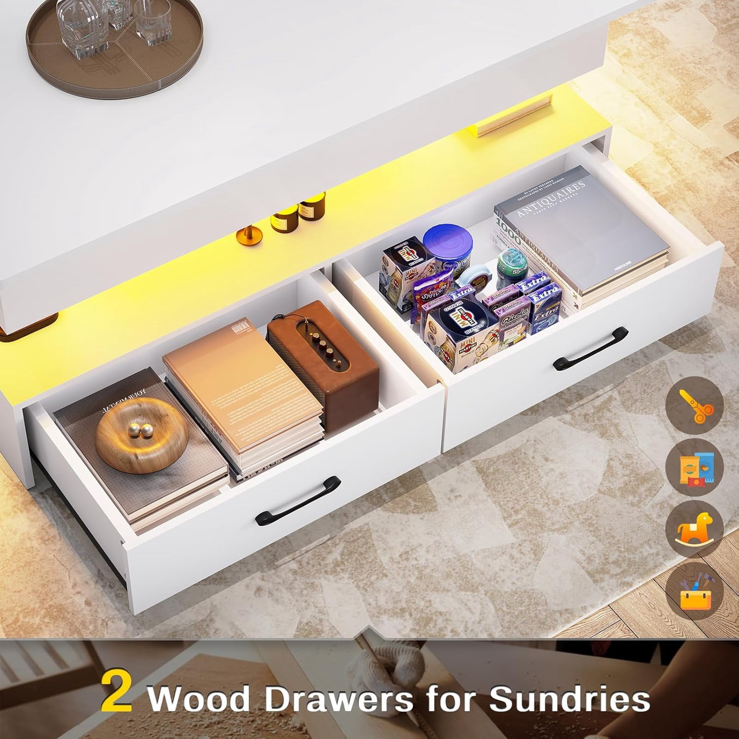 40" Lift Top Coffee Table with Storage, Modern Coffee Table with LED Lights and 2 Drawers, Small Coffee Table for Living Room, Dining Reception Room, White
