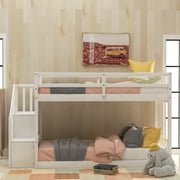 Euroco Wood Twin over Twin Floor Bunk Bed with Staircase for Kids Teens Room, White
