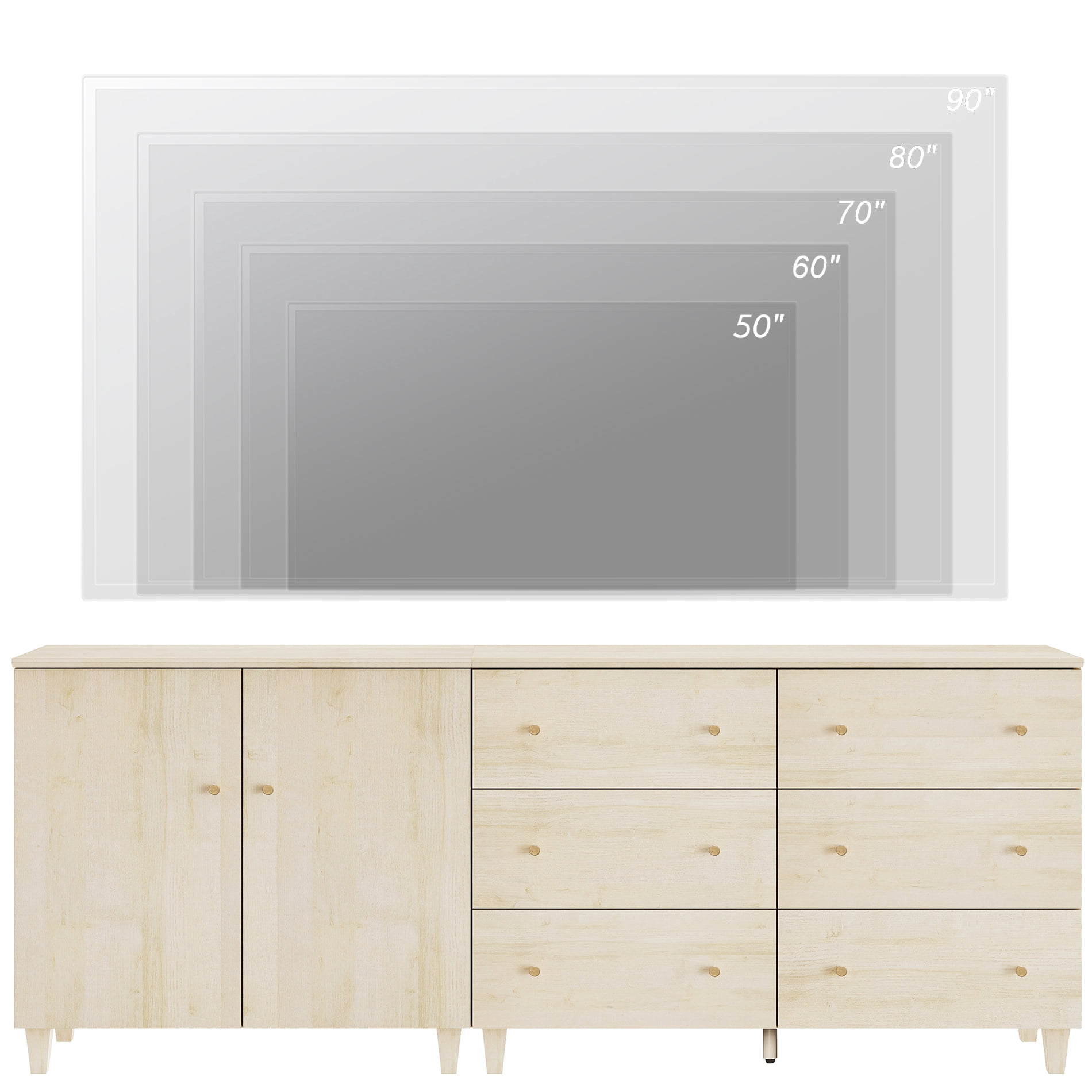 WAMPAT Wide TV Stand for 85+ Inches TVs, 2-in-1 Modern Wooden Media Console with 6 Spacious Drawers and 1 Storage Cabinet for Living Room, Light Oak
