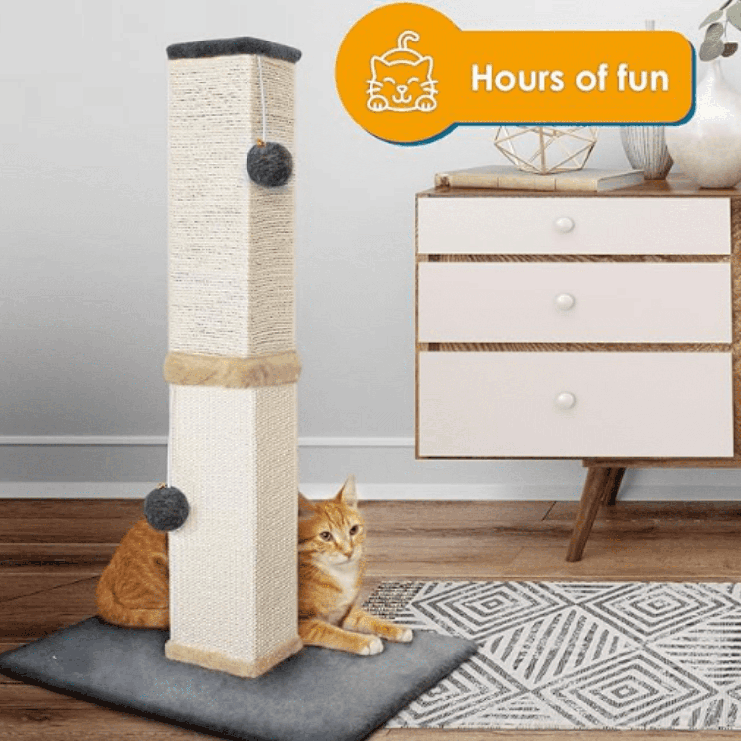 Cat Scratch Post Tower - 32” Tall Cat Scratching Post with Jingle Bells and P Balls - Sisal Cat Scratcher with Larger Base for Better Stability - Cat Scratching Posts for Indoor Cats