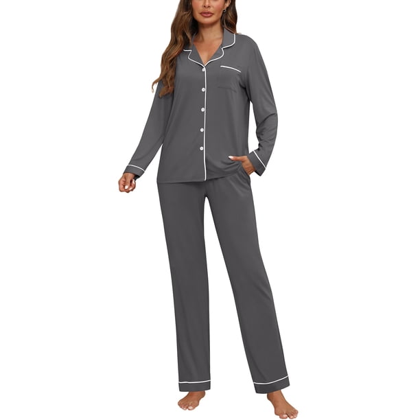 Conjunto de pijama ZMJ para mujer, 2 piezas, manga larga, gris, talla L