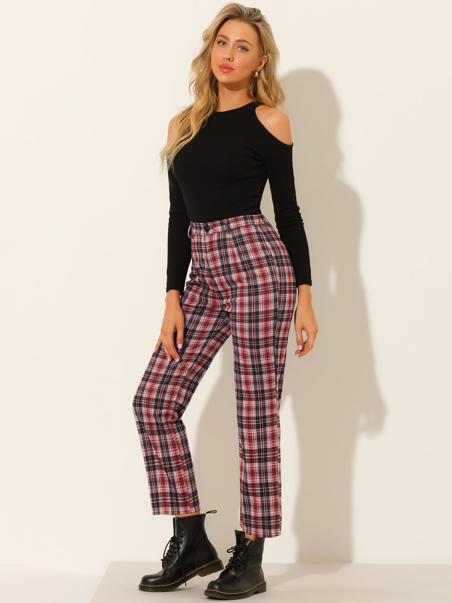 DARING DIVA Women's Plaid Pants High Waisted Tartan Checkered Cropped Pants 2XL Red