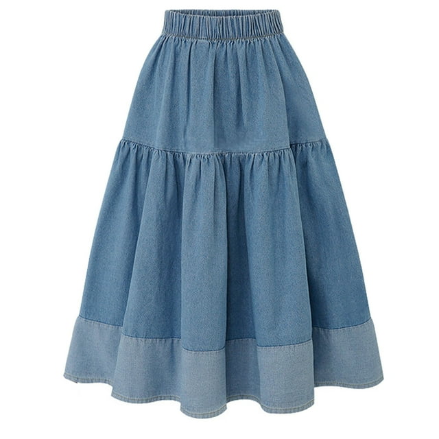 TSADFHJI Jupe en Satin Maxi pour Femmes Grande Taille Extensible Décontractée et Polyvalente Jupe en Denim avec Ourlet à Franges Design à Ourlet Haut-Bas S Marine