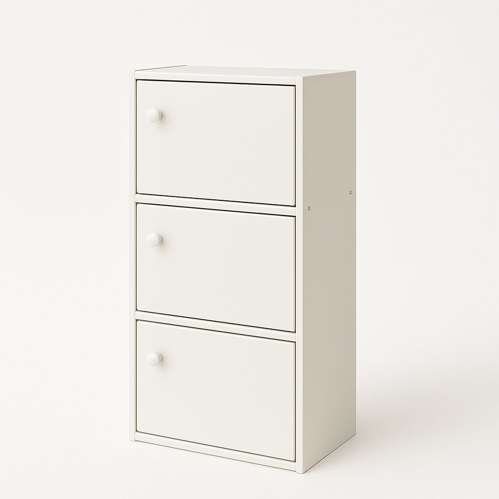 3-Tier White Bookcase with Doors – Matte Finish Vertical Storage Shelf by PJ Furniture